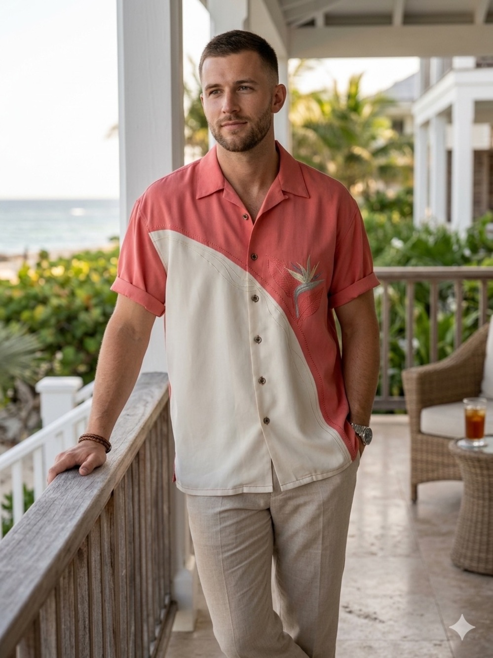 Bamboo Cay Embroidered Camp Shirt Men's Medium Bird of Paradise Tropical Resort